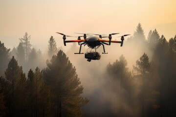 Air firefighting with drone of wildfire in forest. - obrazy, fototapety, plakaty