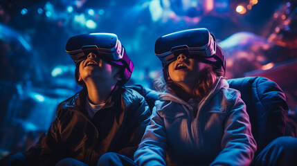  two kids in a virtual reality headsets . against the background of a virtual screen. colored neon light. copy space - obrazy, fototapety, plakaty