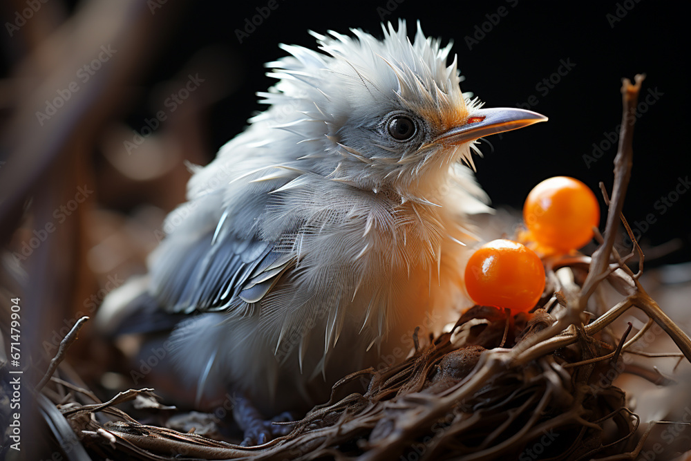 Poster A tiny newly hatched bird with downy feathers still clinging to its body.  