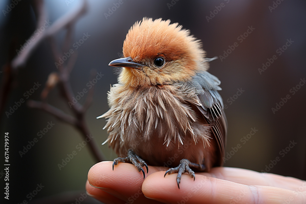Poster a tiny newly hatched bird with downy feathers still clinging to its body.