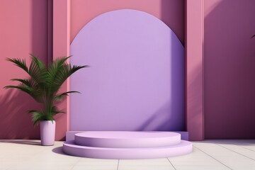 3d cute light lavender podium for advertistment and showcase, minimalistic mock-up with a plant