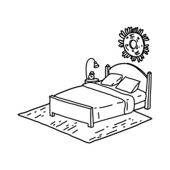 cute cozy bedroom with pillows bedside tables, night light in simple cartoon style in vector