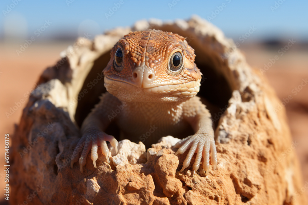 Aufkleber a baby lizard emerging from its egg on a warm rock in the desert.