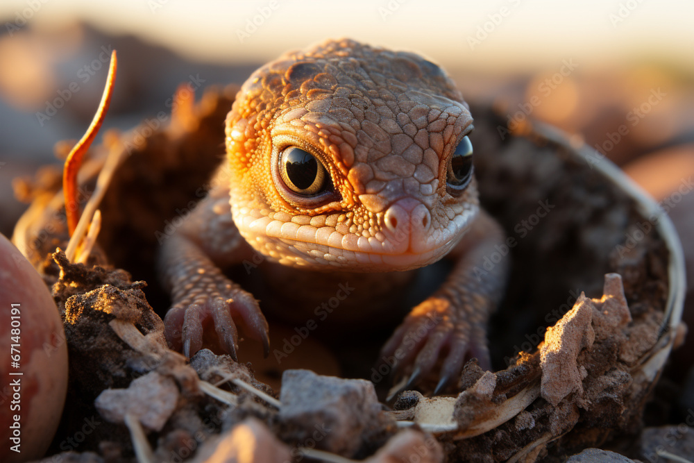 Aufkleber a baby lizard emerging from its egg on a warm rock in the desert.