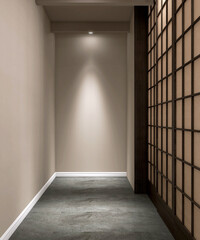 Narrow hallway corridor with beige wall, brown wooden shoji sliding door, black granite floor and recessed light for interior design decoration, product background 3D