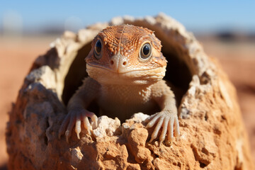 A baby lizard emerging from its egg on a warm rock in the desert.