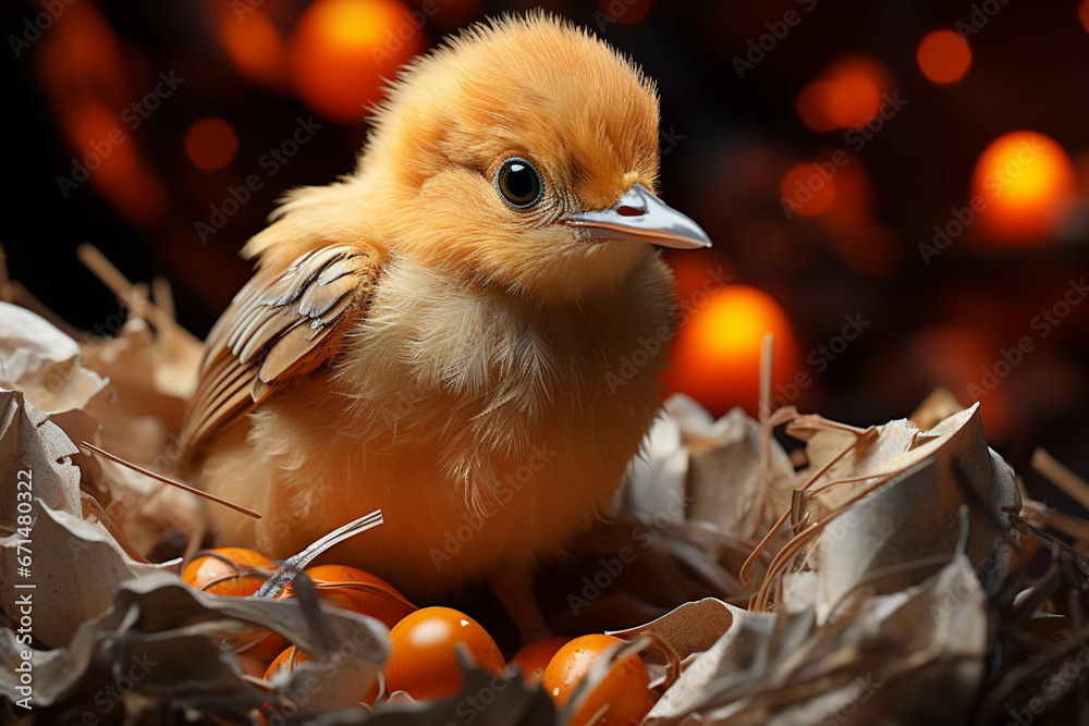 Poster a close-up of a baby bird using its beak to peck through the eggshell.