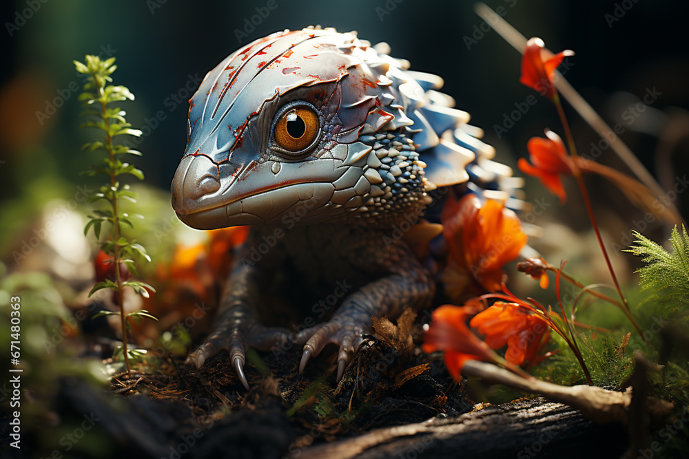 Poster a baby snake slithering out of its eggshell in a forest setting.