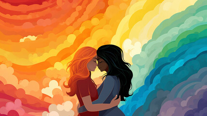 Two beautiful girls in love with long hair, hugging each other, against the background of a multicolored rainbow