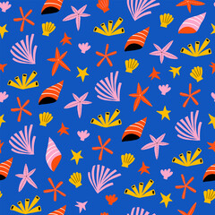 Fototapeta na wymiar Sea shell and starfish seamless pattern. Cute flat hand drawn coral reef for fabric or wrapping paper print. Surface pattern design with ocean fishing, marine wildlife doodle vector illustrations.