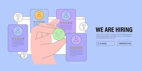 Recruitment agency, hiring employees. Hr manager selects the best candidate for job vacancy. CV, resume analysis. Hand drawn vector illustration isolated on purple background, flat cartoon style.