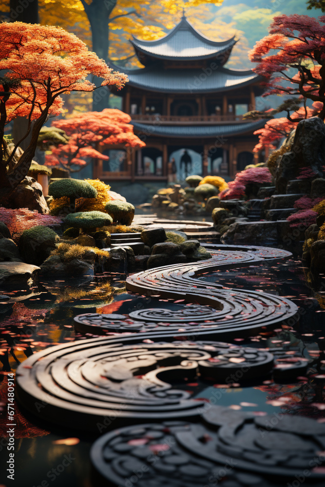 Poster an image of a japanese garden pond with circular ripples forming around a carefully placed stone.
