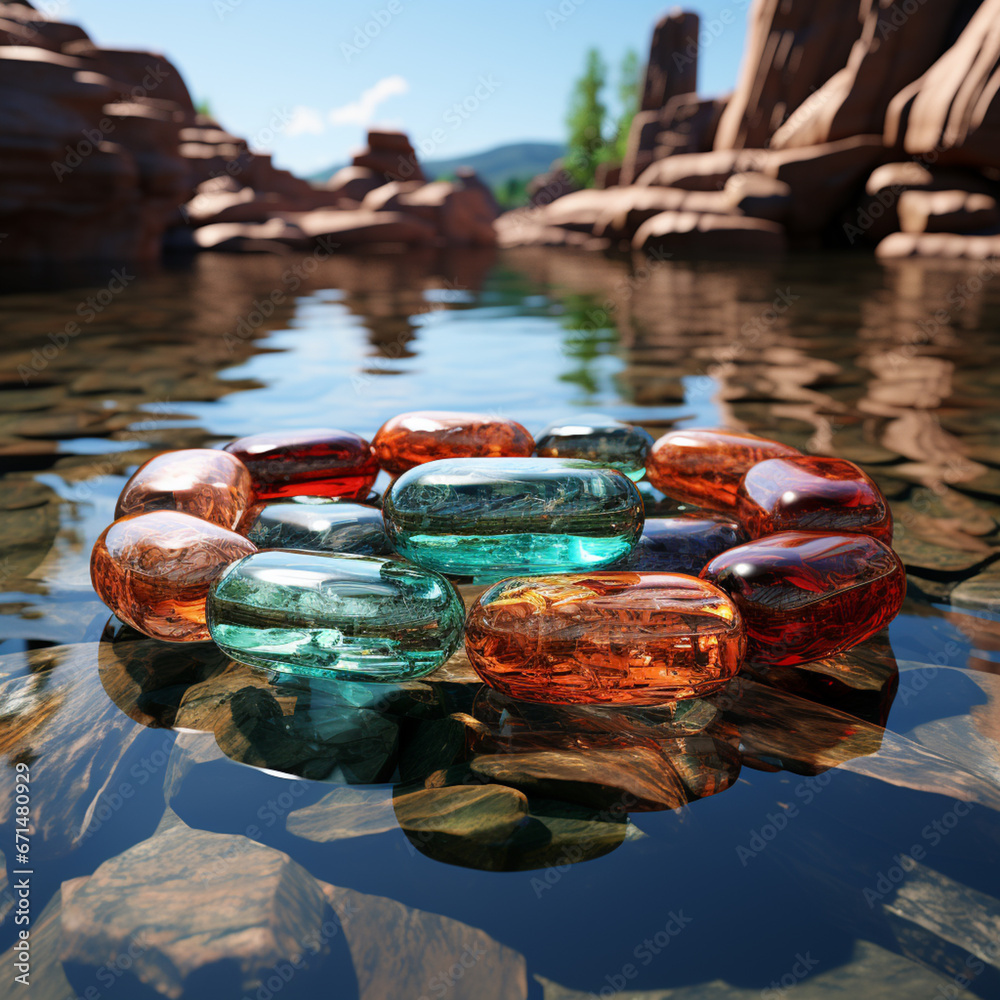 Aufkleber a composition of smooth stones placed in a circular arrangement on the water, generating interlockin