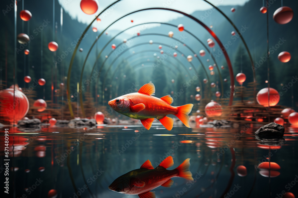 Aufkleber an image of a serene lake on a misty morning, with circles forming as fish rise to the surface to fe