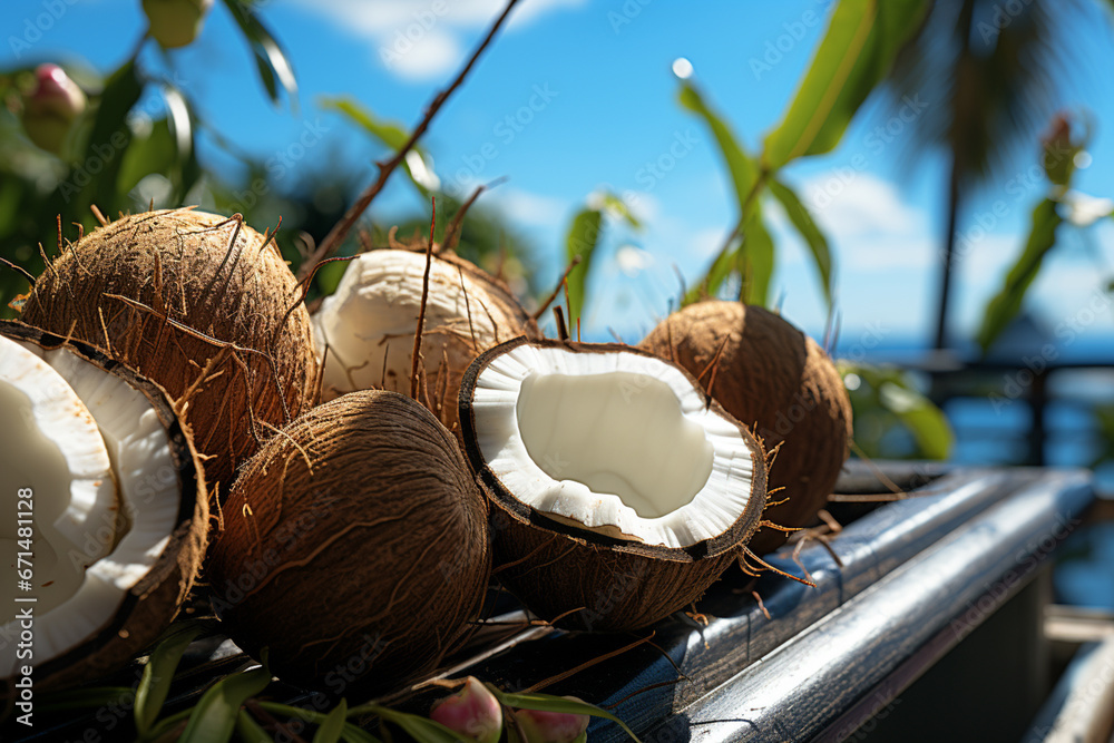 Poster an overhead view of a lush coconut grove, with ripe coconuts hanging from the trees against a clear 