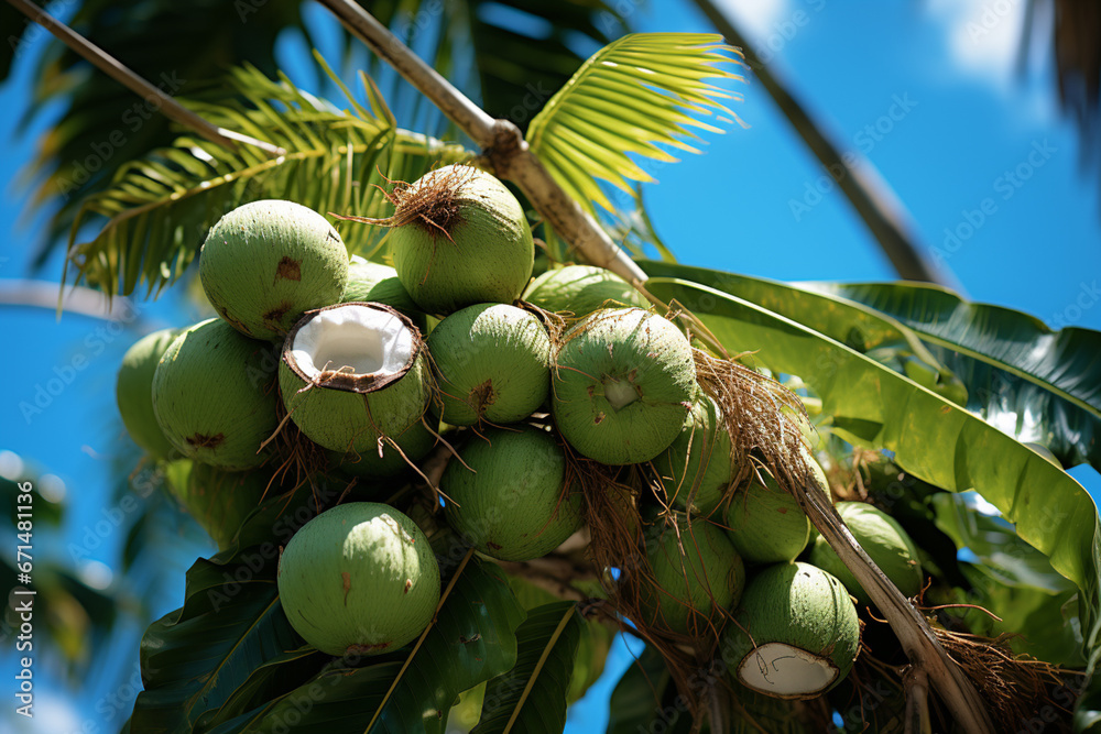 Poster an overhead view of a lush coconut grove, with ripe coconuts hanging from the trees against a clear 