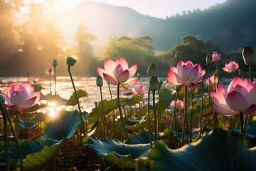 meadows morning lotus flower garden photography - obrazy, fototapety, plakaty
