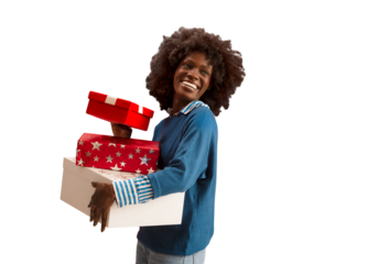 Beautiful African American woman holding Christmas presents. PNG file with transparency.