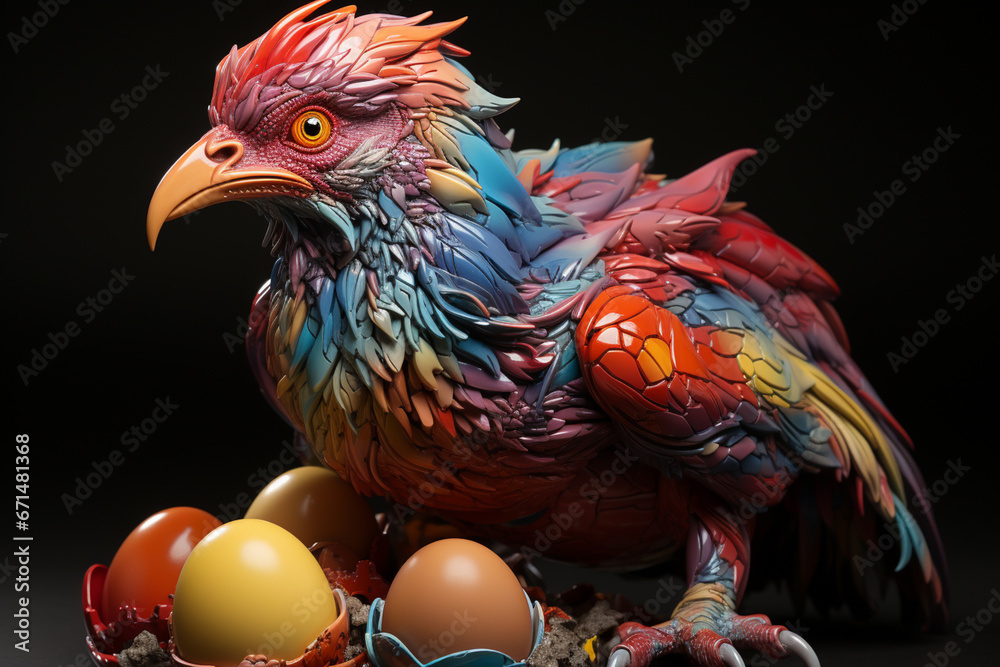 Poster an imaginative artwork crafted from eggshells, depicting a creature mid-hatch in a creative and unco