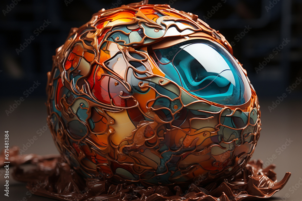 Poster an imaginative artwork crafted from eggshells, depicting a creature mid-hatch in a creative and unco