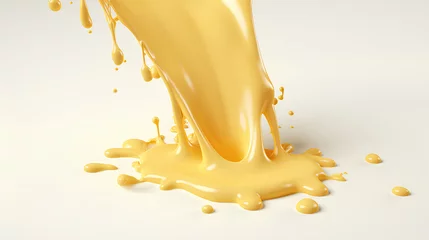 Tuinposter yellow melted cheese dripping on white background, design elements for pizza, sandwiches or pasta © Muhammad