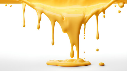 yellow melted cheese dripping on white background, design elements for pizza, sandwiches or pasta