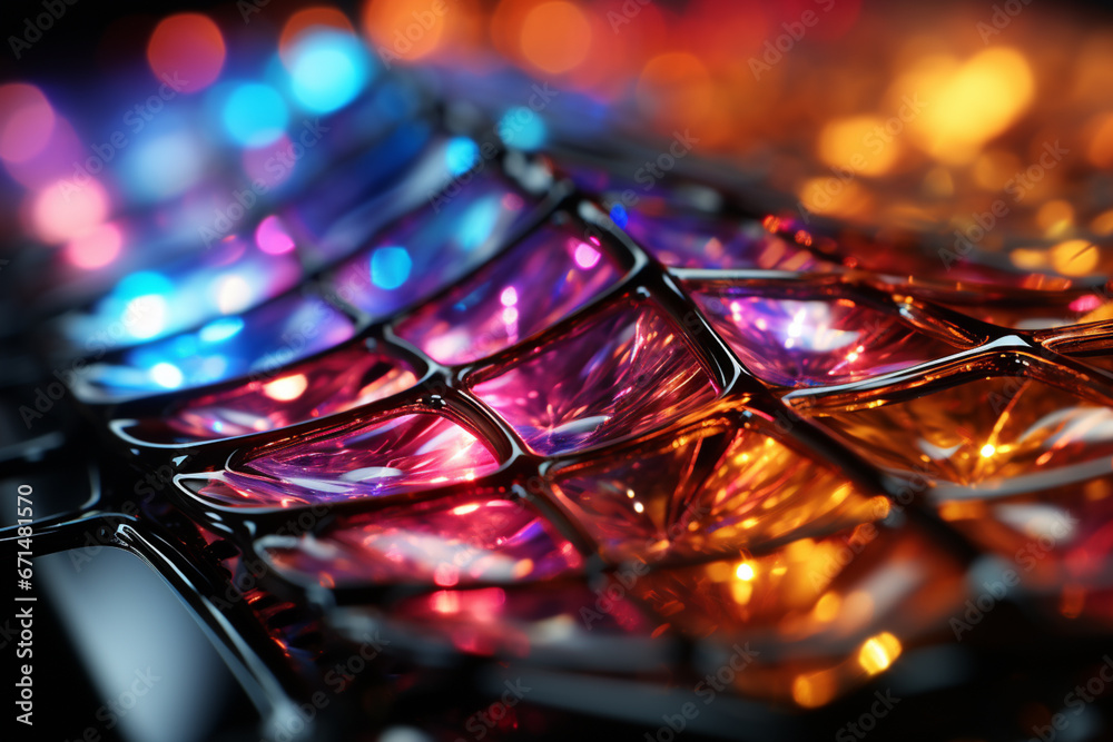 Aufkleber A spider web captured at a precise angle, revealing a spectrum of colors due to light diffraction. 