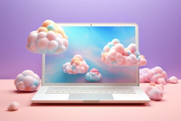 Laptop with clouds background in pink soft pastel color.