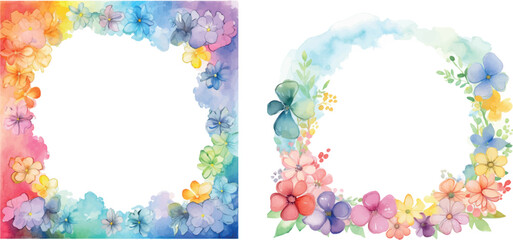set of watercolor floral backgrounds, frames, clip art, rainbow colors