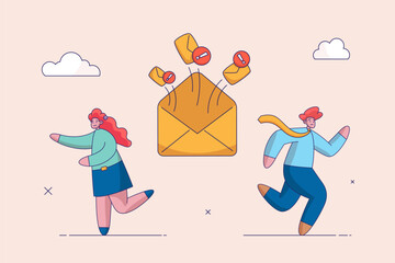 Concept of virus, piracy, hacking and security. Fear of spam email warning. Girl looks at large number of letters in horror. Man runs away from spam in fear. Mailing of advertising correspondence.