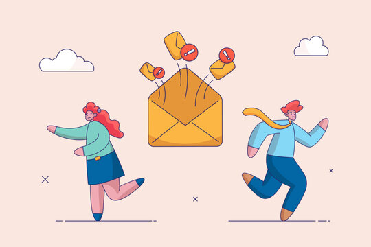 Concept of virus, piracy, hacking and security. Fear of spam email warning. Girl looks at large number of letters in horror. Man runs away from spam in fear. Mailing of advertising correspondence.