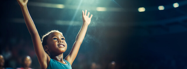 Young African gymnast raises arms in joy under spotlight in a gym. - obrazy, fototapety, plakaty