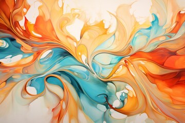 An abstract composition featuring dynamic swirls of fiery orange and cool shades of aqua, representing the fierce dance of elements.