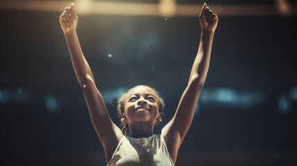 Young African gymnast raises arms in victory under spotlight.