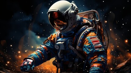 An abstract pixelated astronaut suit with a pixelated American flag patch, symbolizing national pride in space exploration.