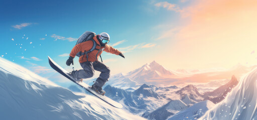 a man snowboarding on a winter snow covered mountain - obrazy, fototapety, plakaty
