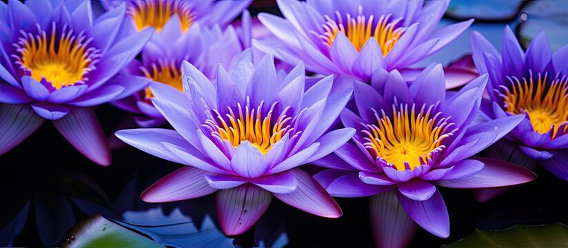 Up close photo of purple lotus flowers with yellow stamens
