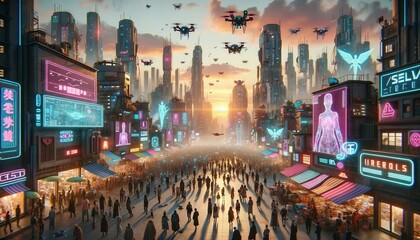 The image depicts a sprawling cyberpunk cityscape at sunset, featuring towering neon-lit buildings, busy aerial traffic with various flying vehicles, and a densely populated street market. 