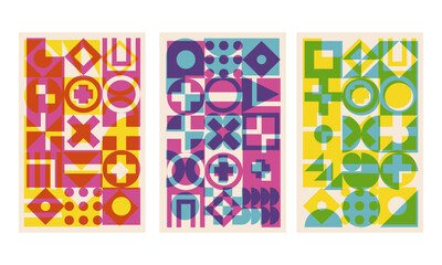 Geometric cover set with riso print effect. Bauhaus shapes pattern risograph style	
