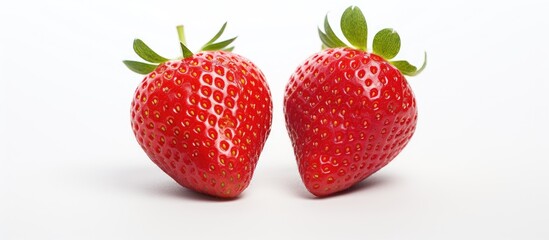 Two strawberries on a white background seen up close