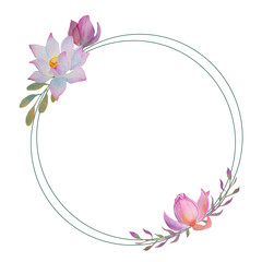 A frame made of a lotus flower bouquet. Watercolor flower illustration. Isolated white background, hand-drawn. Suitable for wedding decorations, greetings, wallpapers, fashion, posters, backgrounds.