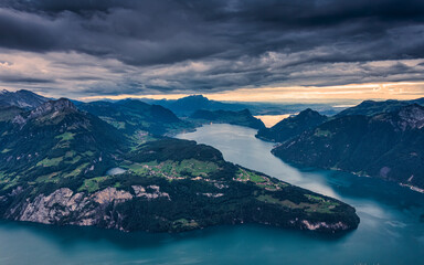 Fronalpstock on summit and moody sky overlooking Lake Lucerne at Schwyz, Switzerland