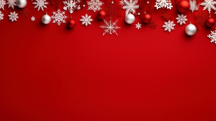 Fototapeta na wymiar Snowflakes baubles xmas on red ai generated banner background copy space