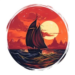 logo of Brig with scarlet sails among sea waves on sunset. Circle drawn illustration. Generative AI - obrazy, fototapety, plakaty