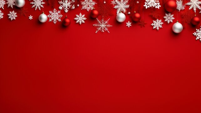 Snowflakes baubles xmas on red ai generated banner background copy space