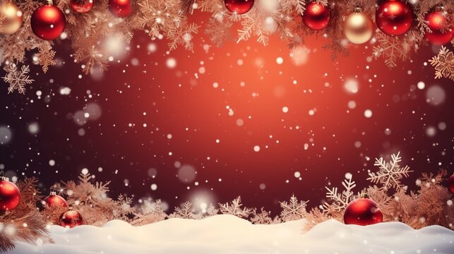 Hanging baubles snowflakes falling snow ai generated banner background copy space