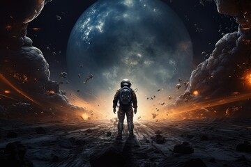 astronaut in a space suit in outer space. Fantasy illustration