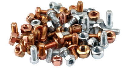 Many metallic screw heads, nuts, rivets isolated on white background close-up macro color copper and silver isolated on white background