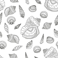 Coloring page for children and adults. Seashells of different shapes and floral elements.