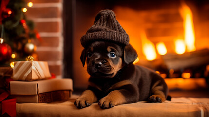 Cute puppy in a winter hat near the fireplace, Christmas atmosphere. A dog and a Christmas tree toy in a cozy holiday atmosphere. New Year